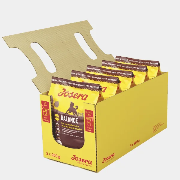 Caja amarilla Josera con múltiples paquetes de Comida Seca Balance para Perros Mayores, destacando los beneficios de un paquete económico de 5 x 900g para la nutrición de perros senior