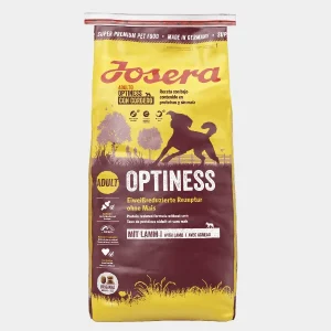 Con la idea de optimizar el SEO, define un «título» y un «alt-text» para esta imagen. Recuerda que la palabra clave que quiero posicionar es “Croquetas para perros” Paquete de Croquetas para Perros Josera Optiness, alimento super premium para adultos con cordero, sin maíz y con proteínas de alta calidad, imagen del producto en un fondo colorido que destaca la silueta de un perro saludable y activo