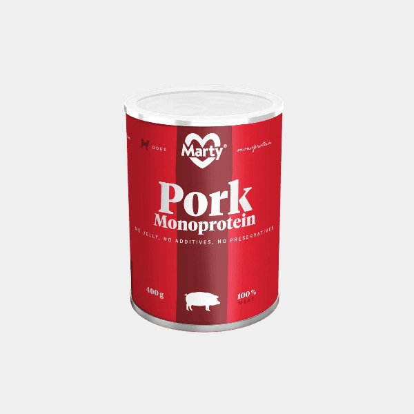 Lata de alimento para perros MARTY Monoproteína con Carne de Cerdo 100% natural, sin aditivos ni conservantes, 400g.