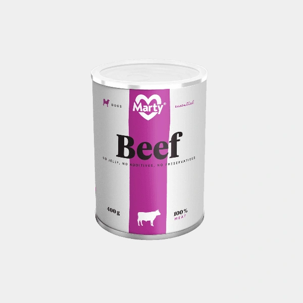 Lata de comida húmeda para perros marca Marty, sabor beef, sin cereales, aditivos ni conservantes, 400 gramos, 100% carne natural.