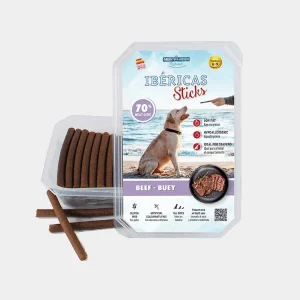 Paquete de snacks light para perros Ibericas Sticks con 70% de carne de buey, bajo en grasas y perfecto para el adiestramiento canino, mostrando una textura firme y apetitosa
