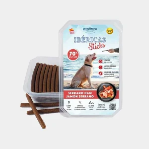 Pack de Bocados Snacks para perros Ibericas Sticks con 70% de jamón serrano, ideales para una dieta equilibrada y baja en grasas, perfectos para el adiestramiento canino