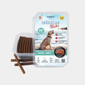 Envase de snacks premium para perros Ibericas Sticks sabor pato, con 70% de carne, bajos en grasa y sin gluten, ideales para una alimentación equilibrada
