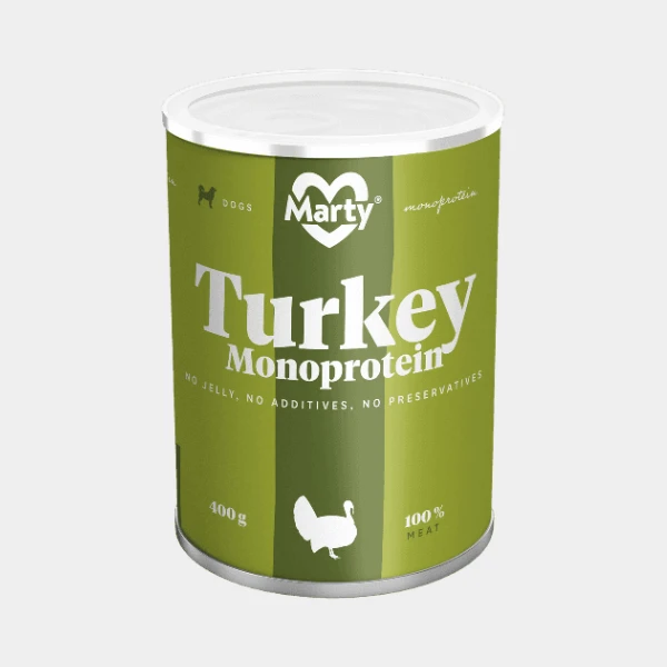 Lata de Marty Comida de Pavo Monoproteína para perros, en un envase de 400g que resalta la calidad superior con 100% carne y sin aditivos, conservantes ni gelatina, para una nutrición canina completa y equilibrada