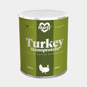 Lata de comida para perros de la marca Marty, presentando pavo monoproteína sin gelatina, aditivos ni conservantes. Envase de 800g destacando la pureza y calidad de 100% carne de pavo para la dieta canina equilibrada