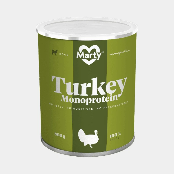 Lata de comida para perros de la marca Marty, presentando pavo monoproteína sin gelatina, aditivos ni conservantes. Envase de 800g destacando la pureza y calidad de 100% carne de pavo para la dieta canina equilibrada