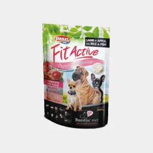 Bolsa de alimento completo para cachorros y perros jóvenes Fit Active, con sabores de cordero y manzana, arroz y pescado, perfecta para el desarrollo saludable de cachorros con alergias o sensibilidades