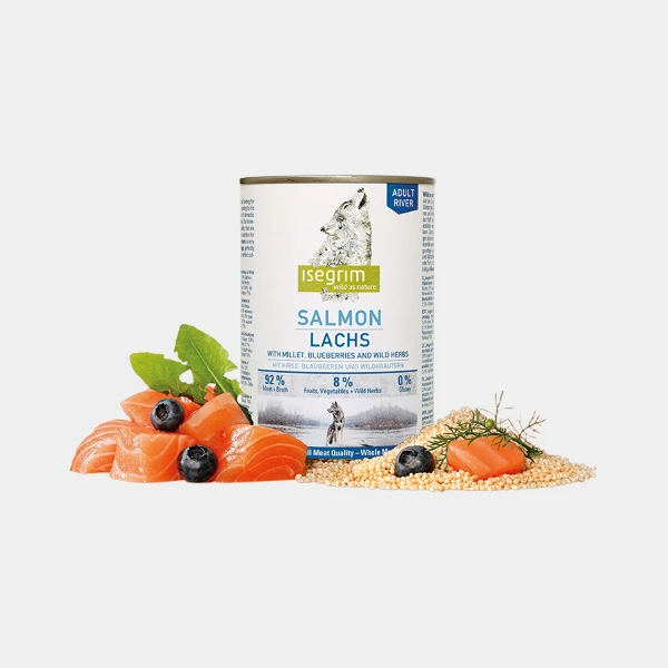 Lata de comida para perros Isegrim® Junior con Salmón, mijo y arándanos, enfocada en nutrición equilibrada y crecimiento saludable para cachorros