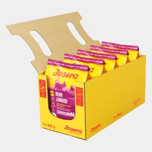 Pack Económico de Comida Seca para Cachorros Josera Mini Junior Caja con varios paquetes de Comida Seca para Cachorros Josera Mini Junior, perfectamente empaquetados para garantizar la nutrición de tu cachorro con una fórmula especializada para razas pequeñas, mostrando la presentación en pack para un suministro duradero