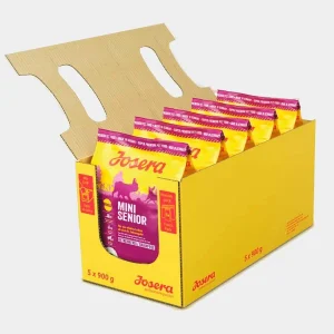 Caja con paquetes de Comida para Perros Mayores Josera Mini Senior de 900g, envasados para mantener la frescura y el sabor en una alimentación especializada para perros en sus años senior