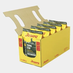 Pack de Comida Seca sin Cereales para Cachorros Josera Young Star Caja multipack amarilla con 5 bolsas de Comida Seca sin Cereales para Cachorros Josera Young Star de 900g, ideal para el desarrollo saludable de cachorros con alimentación natural