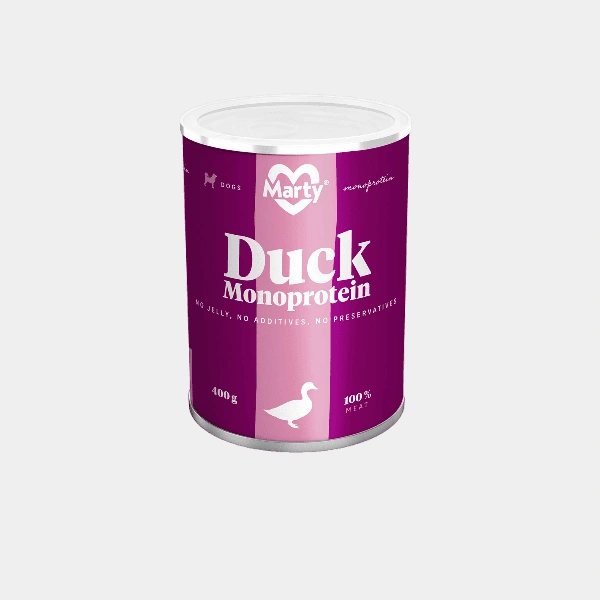 Lata de alimento para perros Marty Duck Monoprotein de 400g, ofreciendo un alimento puro con 100% carne de pato, sin aditivos ni conservantes, ideal para una dieta equilibrada y natural de tu mascota