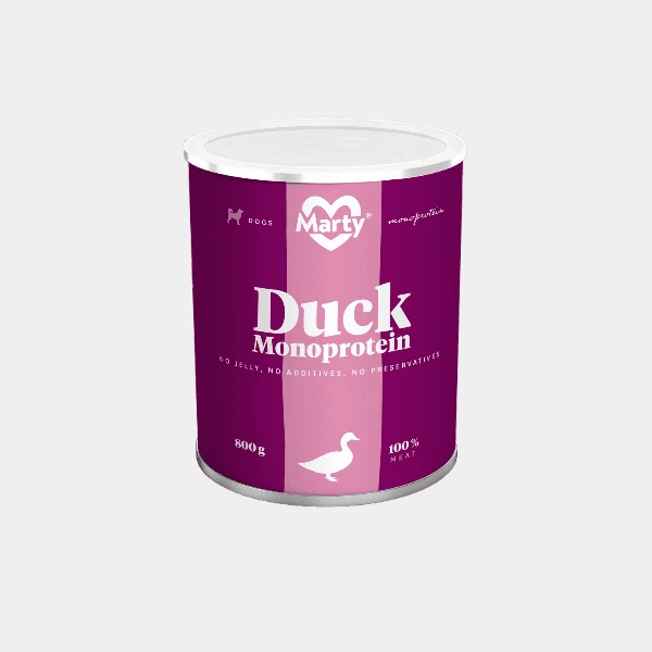 Lata de 800g de Marty Carne de Pato Monoproteína para perros, sin gelatina, aditivos o conservantes, mostrando un compromiso con una dieta canina equilibrada y de alta calidad