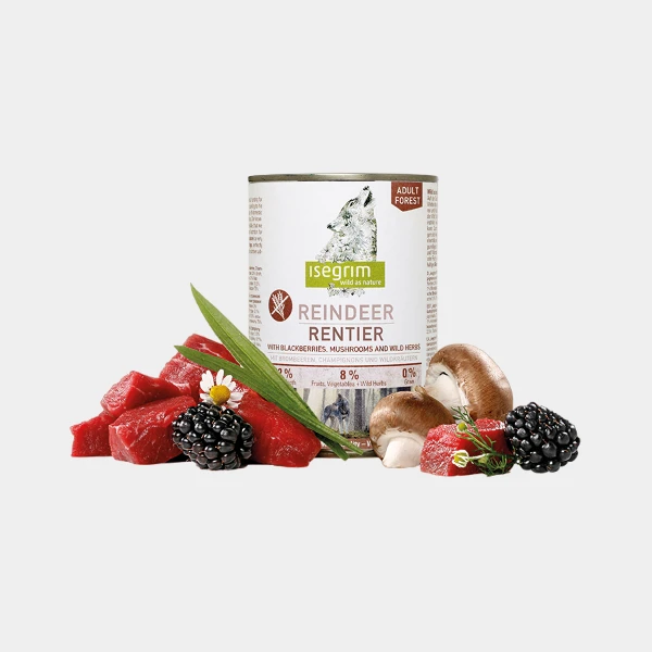 Lata de alimento húmedo Isegrim® Adult Forest con jugosos trozos de carne de reno, moras frescas y champiñones, la dieta ideal "reno para perros" que combina sabor y nutrición superior