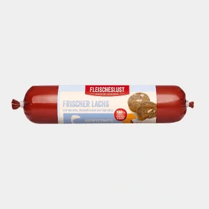 Envase de comida húmeda natural para perros con salmón, zanahorias y hojuelas de coco, rica en nutrientes y perfecta para una dieta equilibrada