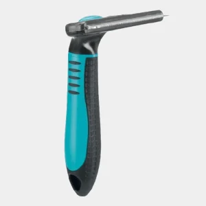 Cepillo carda ergonómico con cuchillas de acero inoxidable para perros, eficaz para eliminar pelo muerto y subpelo, con mango antideslizante en color turquesa y negro