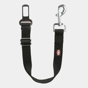 Arnés de seguridad negro ajustable para llevar perros en el auto, mostrando hebilla de cinturón de seguridad y mosquetón de enganche metálico