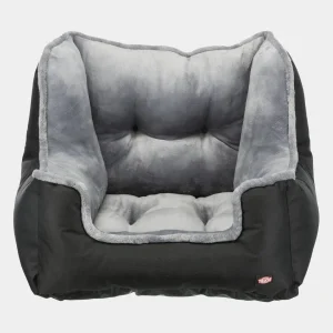 Asiento de coche para perros lujosamente acolchado en colores negro y gris, con bordes elevados y relleno suave, proporcionando seguridad y comodidad para tu mascota en viajes
