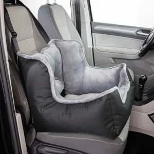 Asiento-de-Coche-para-Perros-Seguridad-y-Comodidad-para-tu-Companero Asiento de coche para perros en tonos de gris y negro instalado en el asiento delantero de un vehículo, diseñado para proporcionar un viaje seguro y confortable para mascotas pequeñas y medianas