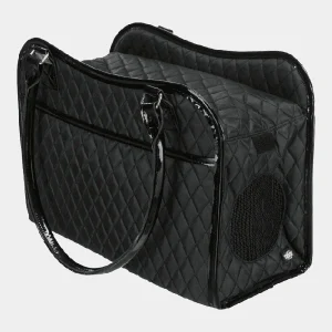 Transportín para perros de diseño acolchado en color negro con detalles en patrón de cuadros, ventanas de malla para ventilación y asas brillantes para un transporte elegante y cómodo