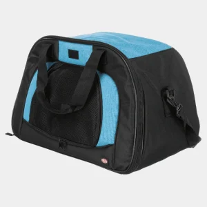 Transportín de color negro con detalles en azul para perros, mostrando tejido resistente, malla ventilada y asas robustas para un traslado seguro y cómodo