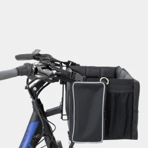 Bolsa de viaje negra para perros chihuahua adaptable a bicicleta con múltiples compartimentos y cojín acolchado interior para la seguridad y comodidad del canino durante el trayecto
