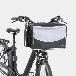 Una bolsa de viaje negra y gris, adaptable a bicicletas, perfecta para transportar perros chihuahua de manera segura y cómoda