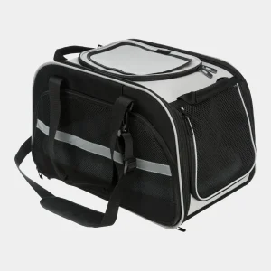 Bolsa de transporte para cachorros Valery en color negro con detalles en blanco, múltiples aberturas y correa ajustable.