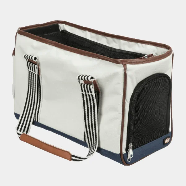 Transportín para perros pequeños en lona blanca y detalles en ecopiel marrón con malla de ventilación y correas a rayas