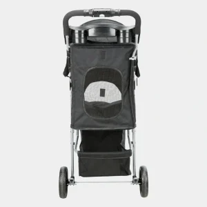 Carricoche para perros de color negro con malla de ventilación y amplio espacio de almacenamiento, ideal para paseos urbanos y seguros