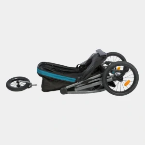 Carrito para pasear perros plegado y desmontado, mostrando su fácil almacenamiento y transporte con detalles en azul petróleo