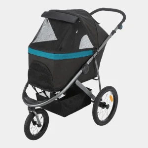 Carrito para pasear perros en color negro y azul petróleo con amplia visibilidad y malla transpirable, ideal para mascotas mayores o con movilidad reducida