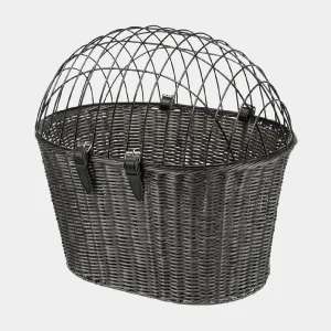 Canasta negra de mimbre sintético con rejilla protectora para transportar perros en bicicleta, perfecta para viajes seguros y confortables con tu mascota