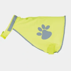 Chaleco reflectante para perros en color amarillo neón con detalle de huella en gris y cierres de velcro, proporcionando alta visibilidad y seguridad