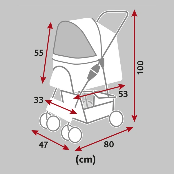 Cochecito para perros plegable en color gris, dimensiones detalladas, ideal para transportar y asegurar el confort de tu mascota en cada paseo
