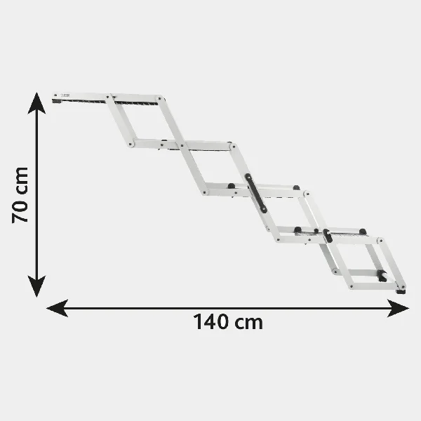 Escalera plegable para perros extendida, mostrando su longitud completa de 140 cm y altura de 70 cm, ideal para facilitar el acceso de mascotas a vehículos altos.