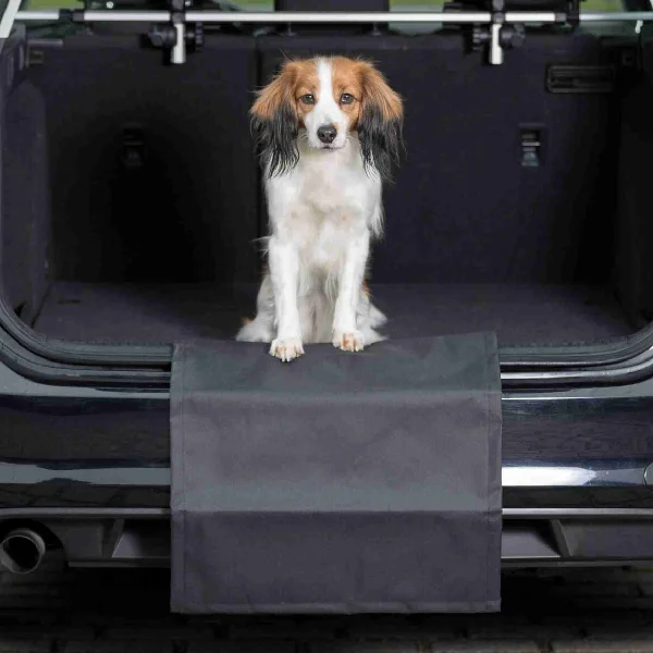 Pequeño perro posando sobre la funda de maletero para perros, que protege el coche de suciedad y arañazos