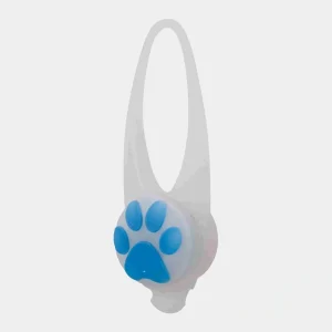 Luz LED azul y blanca en forma de huella de perro para collar, proporcionando visibilidad y seguridad durante los paseos nocturnos