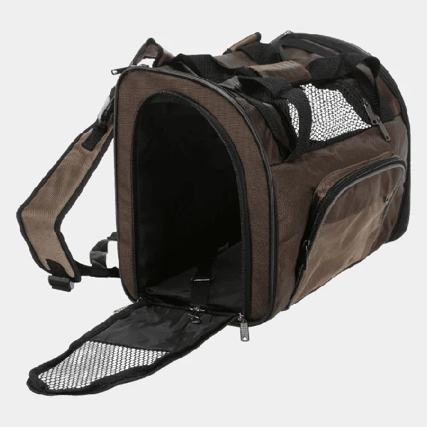 Mochila abierta para perros de 8 kilos mostrando un amplio compartimento interior y entrada de malla, ideal para transportar tu mascota mediana con facilidad y seguridad