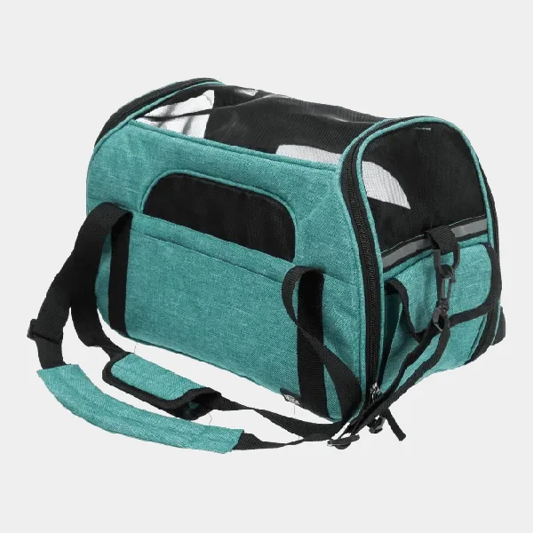 Mochila verde aqua y negro para perros, estilo mochila con paneles de malla, bolsillos laterales y correas ajustables para el transporte cómodo de mascotas.