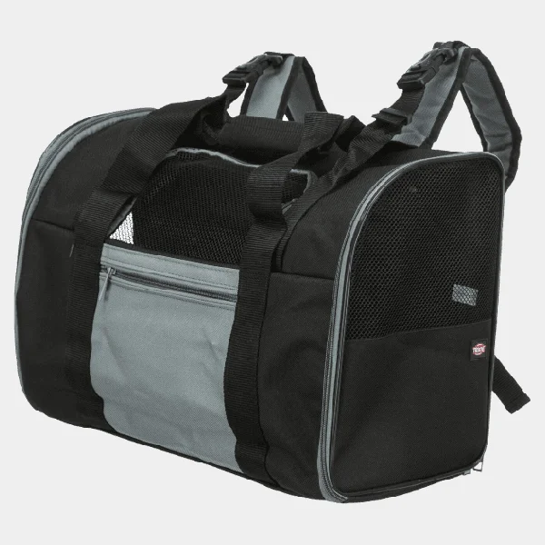 Mochila de transporte para perros color negro y gris, con paneles de malla y múltiples compartimentos