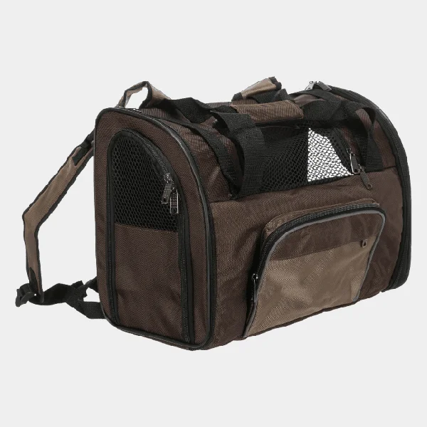 Mochila para perros de 8 kilos en colores marrón y negro, con múltiples bolsillos y ventanas de malla para una ventilación óptima, perfecta para el transporte cómodo y seguro de mascotas medianas