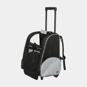 Mochila con ruedas para perros en color negro y gris, versátil y cómoda para el transporte de mascotas, con compartimentos y malla transpirable visible