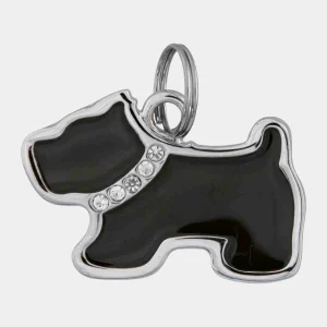 Elegante placa identificativa para perros pequeños con diseño en forma de silueta canina en negro y detalles de cristal brillante, perfecta para añadir un toque de distinción y seguridad a tu mascota