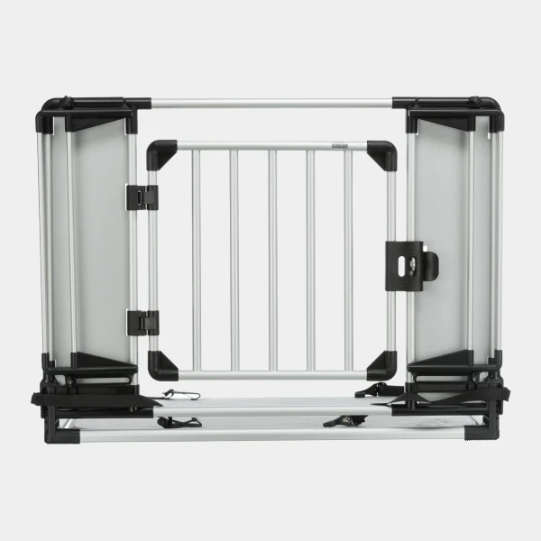 Rejilla separadora de coche para perros robusta y ajustable, vista de frente, diseñada para mantener a las mascotas seguras en el maletero del vehículo.