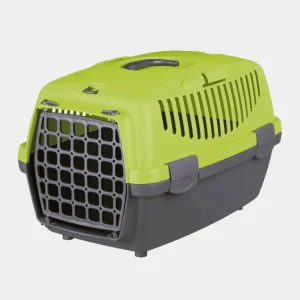 Transportín para chihuahua de plástico resistente en tonos de gris y verde lima con puerta de rejilla frontal y asa superior