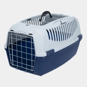 Transportín para mascotas en color blanco y azul marino con diseño ergonómico y práctica apertura superior, ideal para el manejo seguro y cómodo de animales domésticos
