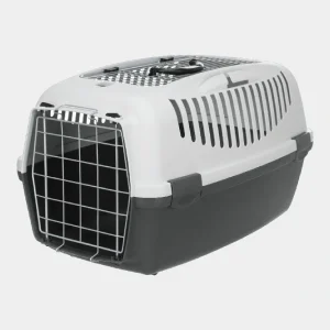Transportín de color gris y blanco con apertura superior y puerta metálica, ideal para facilitar el acceso y la comodidad de las mascotas