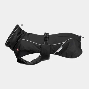 Abrigo acolchado para perros de color negro con cierre ajustable en el abdomen y bandas reflectantes