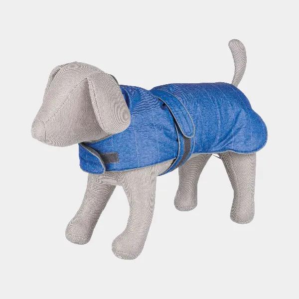 Abrigo para mascotas de color azul con forro de felpa, ajuste de cierre en el abdomen y bandas reflectantes